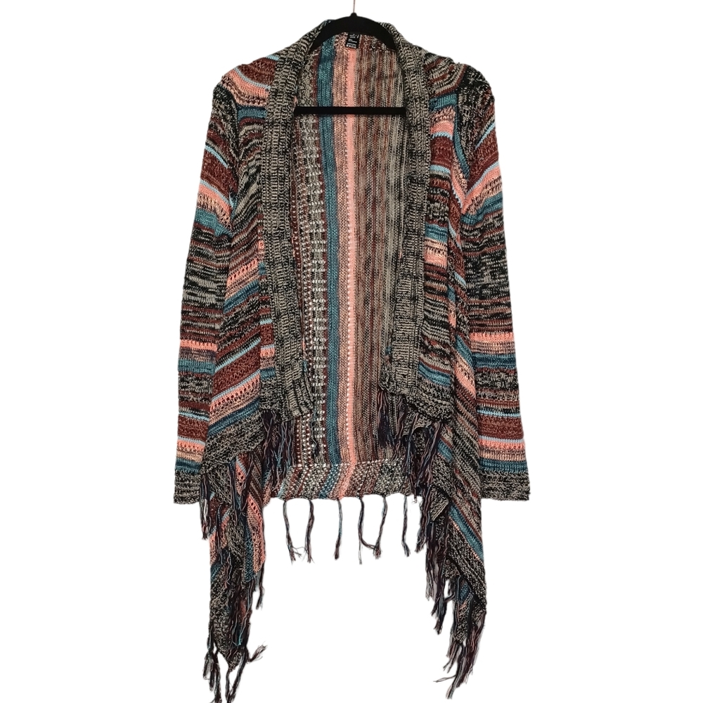 HAUTE MONDE Colorful Stripe Print Knit Long Sleeve Fringe Hem Sweater Small